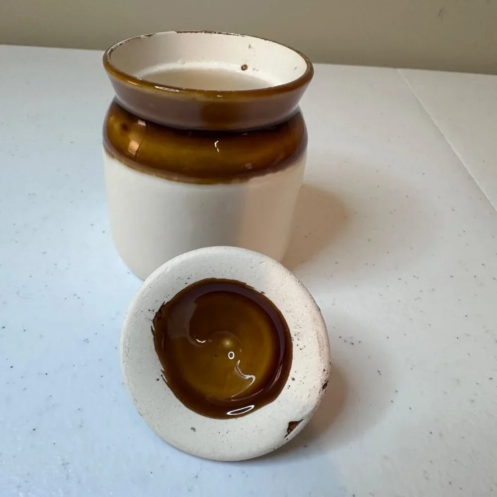 Small Brown and Off-white Ceramic Stoneware Jar With Lid Vintage look Farmhouse